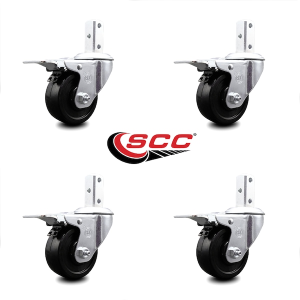3 Inch Soft Rubber Wheel Swivel 7/8 Inch Square Stem Caster Set Total Lock Brake